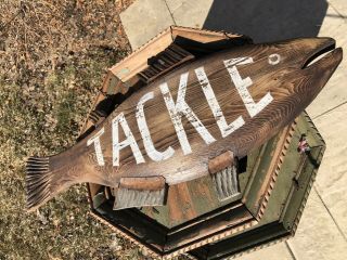 Vintage Old Fishing Bait Tackle Wood @ Metal Sign Gas Station Store Hunting