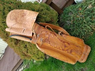 Vintage Hand Tooled Aztec,  Indian,  Design Golf Bag W/cover Rare So C.  1950