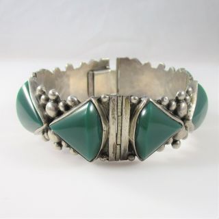 Mexico Mexican Jade Panel Bracelet Vintage Sterling Silver 59.  2g | 7 "