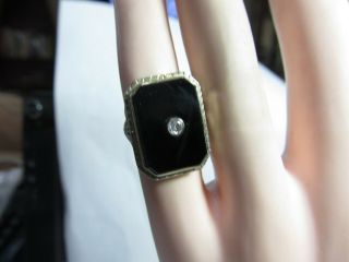 14k Solid White Gold Deco Ring With Onyx And Natural Diamond Size 2.  25