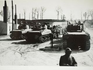WWII Line of Shermans Fueling Up before deployment 1943 B&W 4 