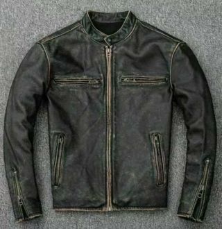 Men’s Motorcycle Biker Vintage Distressed Black Faded Real Leather Jacket