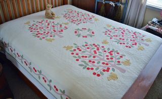 Vintage Birds And Cherry Trees Hand Stitched Applique Quilt