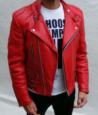 Vtg Mens Red Leather Biker Cafe Racer Jacket 38 Small Medium Bobber Punk