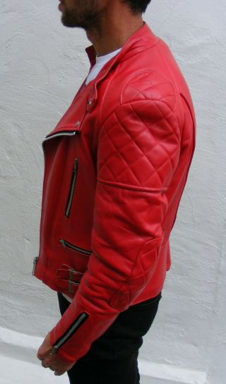 Vtg mens red Leather biker cafe racer jacket 38 small medium bobber punk 2