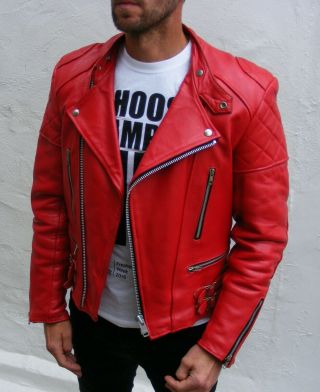 Vtg mens red Leather biker cafe racer jacket 38 small medium bobber punk 3
