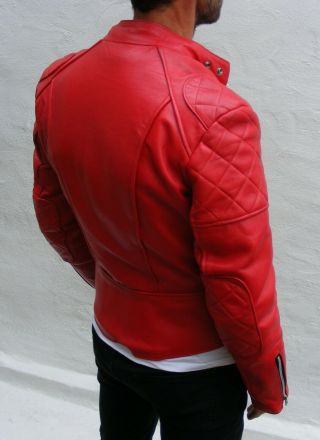 Vtg mens red Leather biker cafe racer jacket 38 small medium bobber punk 4