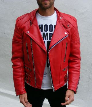 Vtg mens red Leather biker cafe racer jacket 38 small medium bobber punk 5