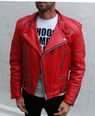 Vtg mens red Leather biker cafe racer jacket 38 small medium bobber punk 6