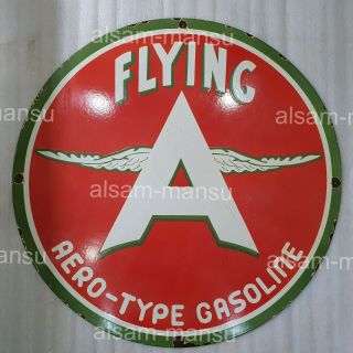 Flying A Aero Type Gasoline 30 Inches Round Vintage Enamel Sign