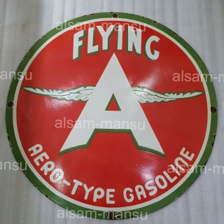 FLYING A AERO TYPE GASOLINE 30 INCHES ROUND VINTAGE ENAMEL SIGN 2