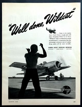 1942 Grumman F4f - 3 U.  S.  Navy Wildcat Airplane On Carrier Art Vintage Print Ad