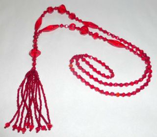 Vintage 1920 ' s Flapper Sautoir w Tassel Holiday Red Czech Glass Beads Necklace 2