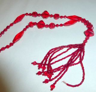 Vintage 1920 ' s Flapper Sautoir w Tassel Holiday Red Czech Glass Beads Necklace 3