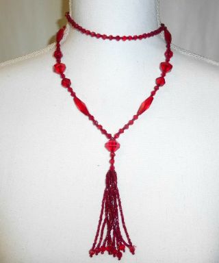 Vintage 1920 ' s Flapper Sautoir w Tassel Holiday Red Czech Glass Beads Necklace 5