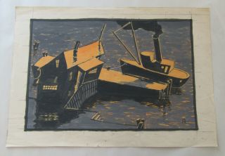 Fred Rosebury - Vintage Painting - Boat Dock Scene Modernist Listed