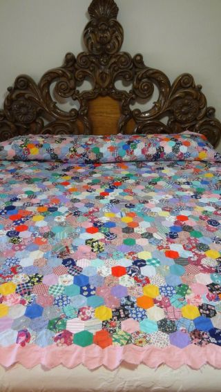 Awesome Vintage Very Colorful Hexagon Pattern Quilt Top L82.