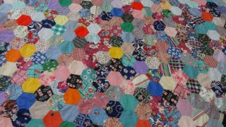 Awesome Vintage Very Colorful Hexagon Pattern Quilt Top L82. 3