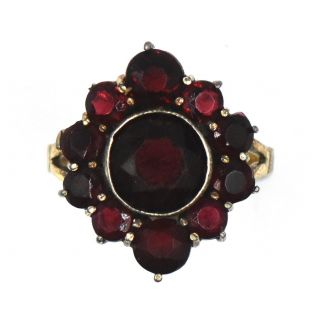 Antique Victorian Bohemian Garnet Cocktail Halo Ring 14k Yellow Gold Size 5.  5