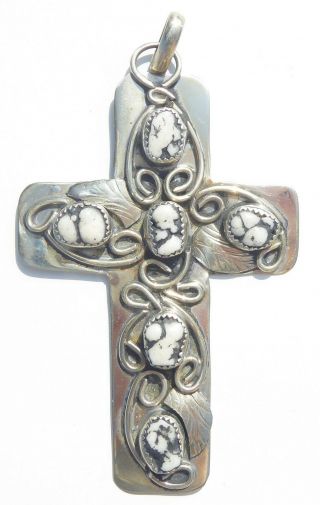Large Vintage Sterling White Turquoise Cross Pendant,  Large German Silver Cross