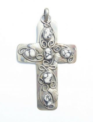 Large Vintage Sterling White Turquoise Cross Pendant,  Large German Silver Cross 3