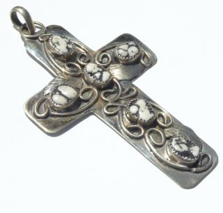 Large Vintage Sterling White Turquoise Cross Pendant,  Large German Silver Cross 6