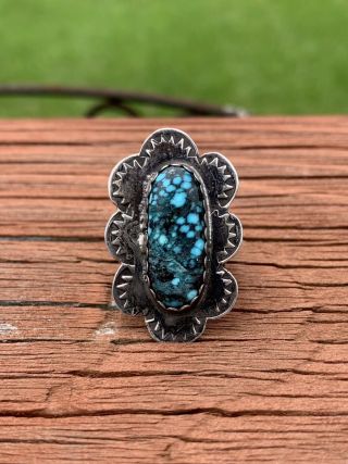 Vtg Navajo Kingman Spiderweb Turquoise Sterling Ring Size 7 1.  25” By.  73”
