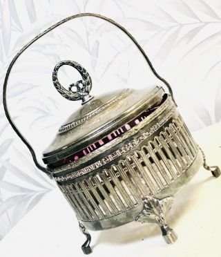 1800’s Early Marked WMF Basket With Lid With Pink Hand Blown Glass Bowl Inside 2