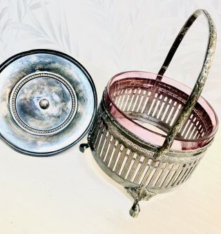 1800’s Early Marked WMF Basket With Lid With Pink Hand Blown Glass Bowl Inside 3