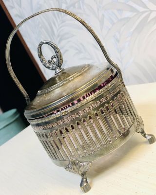 1800’s Early Marked WMF Basket With Lid With Pink Hand Blown Glass Bowl Inside 8