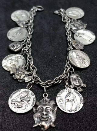 Unique Vintage Sterling Silver Antaya Religious 15 Charm Bracelet Chunky 51g