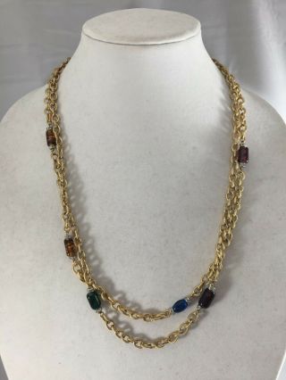 Vintage Givenchy Paris Ny Multi Color Beads Chain Necklace Gold Tone Long