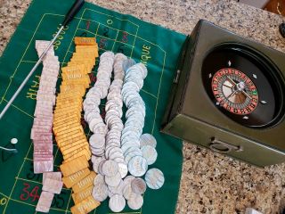 Vintage Roulette European Chip Set,  Mother Of Pearl Finish Plaques Leather Case