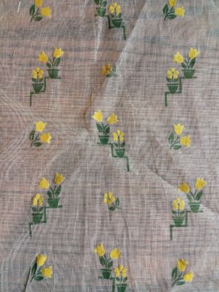 Vintage Semi - Sheer Flocked Floral Fabric Tulips And Daisy Yellow White