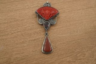 SAJEN STERLING SILVER CINNABAR GARNET CARNELIAN PENDANT/BROOCH. 2