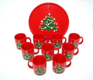 Vtg Waechtersbach W Germany Red Christmas Tree Cake Plate Platter 12 " & 9 Mugs