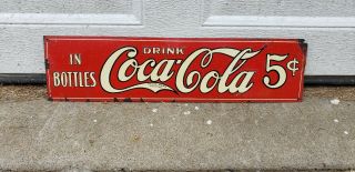 Vintage 1930s 5 Cent Drink Coca Cola In Bottles Tin Embossed Soda Sign