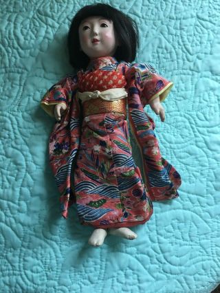 Vintage Gofun Japanese Doll 12” Glass Eyes,  Circa 1940’s?