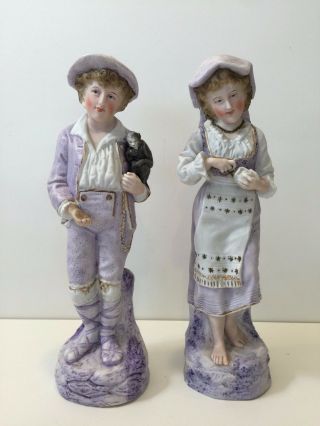 Vintage Lm Porcelain Bisque Woman & Man Figurines,  12 7/8 " Tall X 4 " Widest