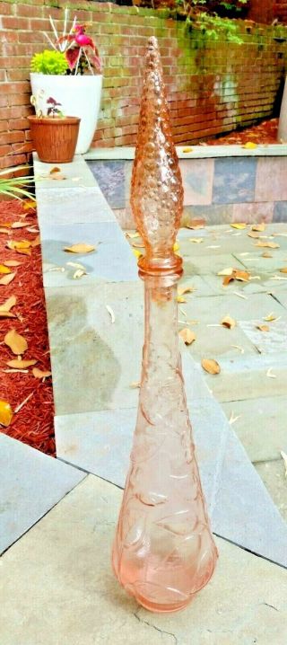 22.  75 " Vintage Mid Century Italian Pink Glass Genie Bottle Italy Bubble Stopper