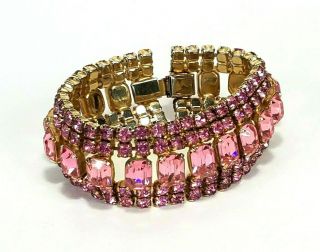 Vintage High End Designer Bracelet Wide 5 Row Prong Set Pink Rhinestones Juliana