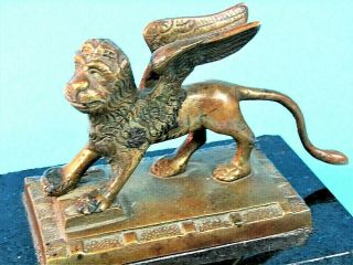 Winged Lion Of Venice Statue Vintage Bronze Figural Paperweight On Marble Base