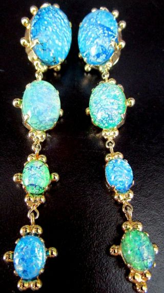 Marie Ferra 4 " Blue & Green Cats Eye Cabochon Clip Earrings