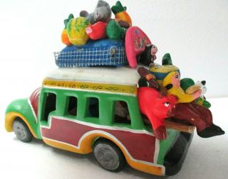 Vintage Mexican Folk Art Pottery Transportation Bus Figure Fruit Chicken Cow 9 "