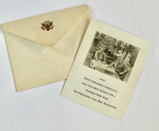 Rare 1943 Ww2 War Time President & Mrs Roosevelt Christmas Card White House