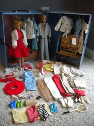 Vintage 60s Barbie & Ken Dolls Plus Clothes And Trunk 1963