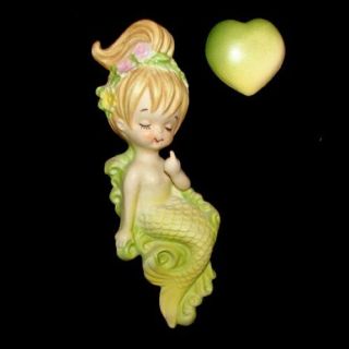 Vintage Lefton Mermaid Princess On Wave Ceramic Bisque Wall Plaque Hanging