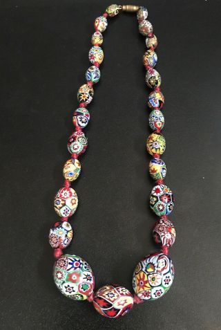 Antique Art Deco Venetian / Millefiori Glass Bead Necklace Red/multi Colour 77g