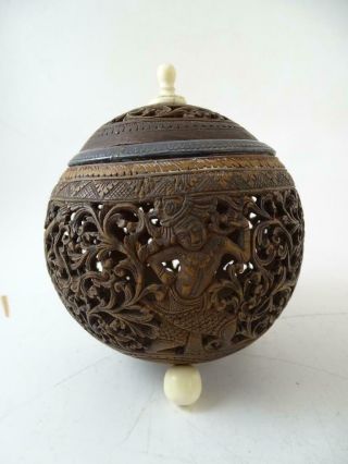 Antique Chinese China Hand Carved Coconut Rose Bowl Incense Silver Lip 1800s Vtg