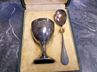 Antique French Minerva Pb Hallmarks Sterling Egg Cup & Spoon Flying Bird